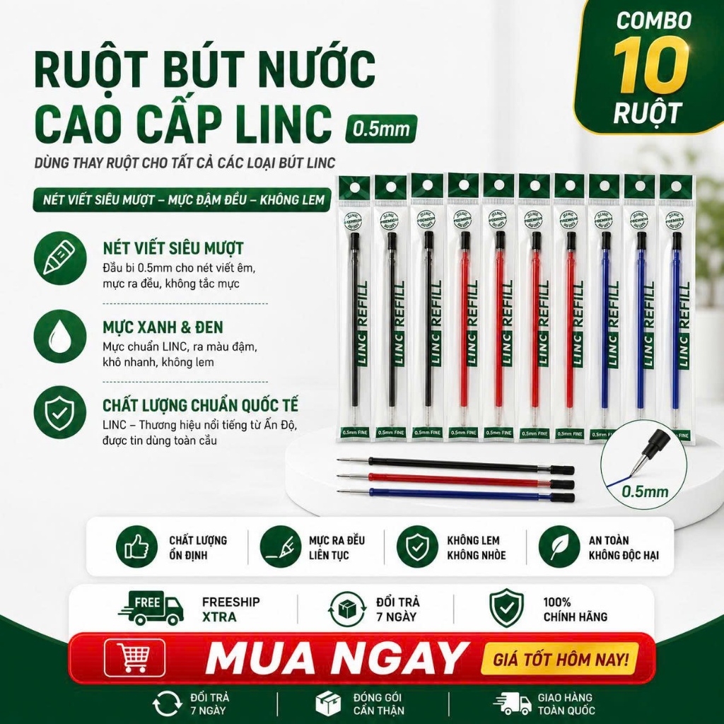 Combo 10 Ruột Bút Nước LINC EXECUTIVE 0.5mm - Dùng thay ruột được cho tất cả các loại bút Linc
