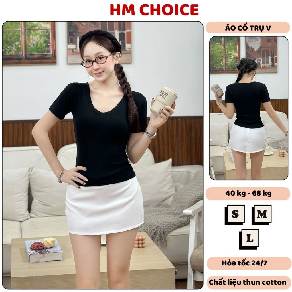 Áo thun nữ ôm body HM Choice, áo phông nữ cổ tim tay ngắn co giãn 4 chiều mềm mịn tôn dáng HM26.15