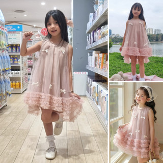 Váy Công Chúa Bé Gái Màu Hồng Phối Nơ, Đầm Voan Tầng Bèo Bồng Bềnh, Size 11–30kg