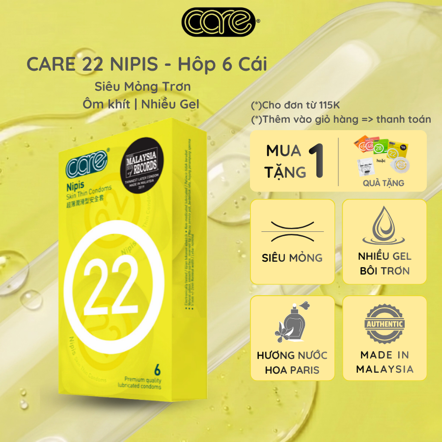 Bao Cao Su Siêu Mỏng CARE 22 Bcs Mỏng Nhiều Gel Bôi Trơn, Kéo Dài Thời Gian,Gân Gai Truyền Nhiệt Tốt