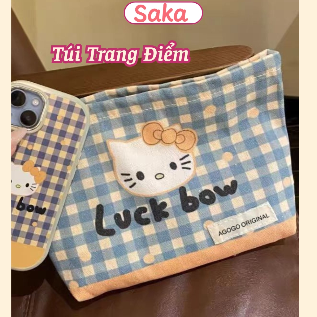 Túi Trang Điểm Hello Kitty- Túi Đựng Đồ Make Up Kitty Xanh Sọc Dễ Thương Mùa Hè Saka Home