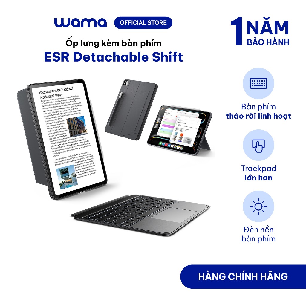 Ốp iPad kèm bàn phím ESR Detachable Shift dành cho iPad Air 4/5/6/7/8 & Gen 11/A16/10 tháo rời linh 