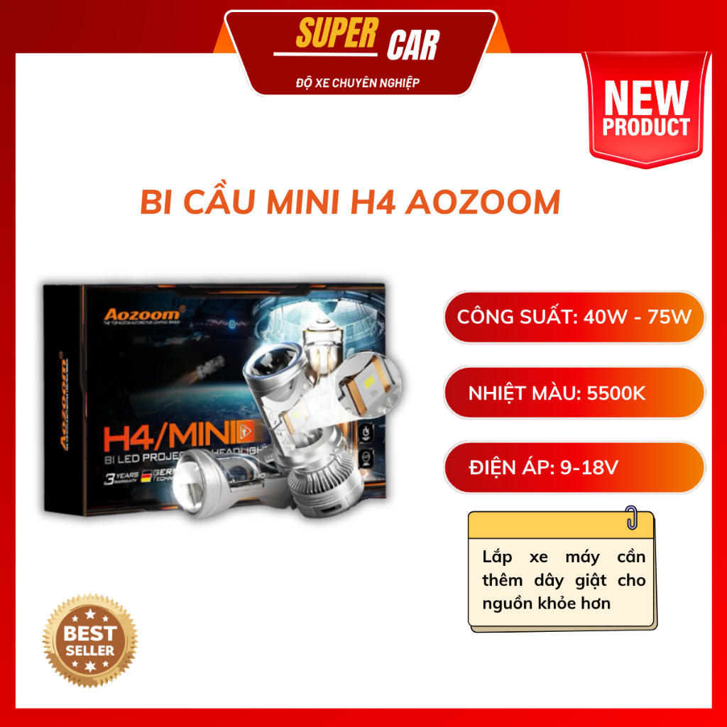 Bi Led Mini H4 Aozoom Bi Cầu Mini H4 Lắp Zin Không Độ Chế Công Suất 40W - 75W Bi Cầu Mini Siêu Sáng