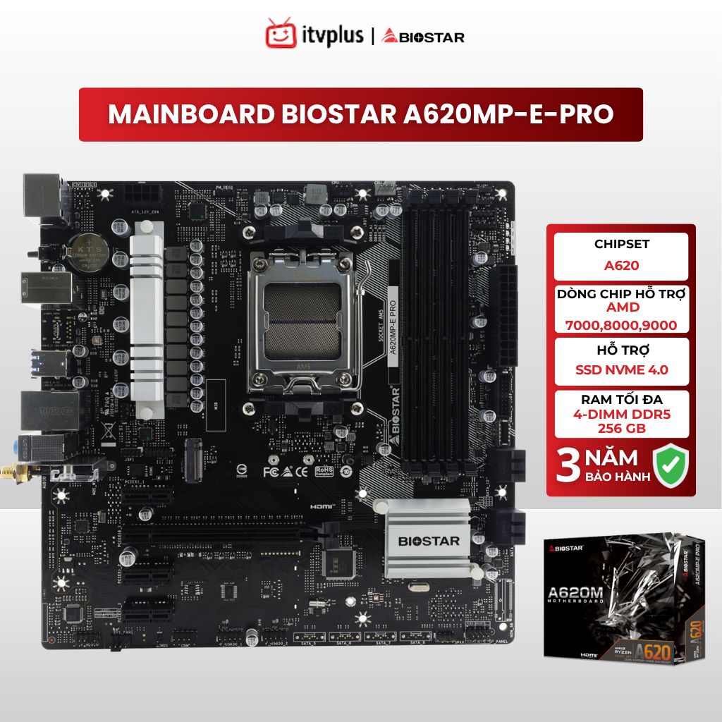 [Full VAT] Mainboard Biostar A620 Hàng mới 100% - Hỗ Trợ CPU AMD 7000 8000 9000 Series - BH 3 Năm