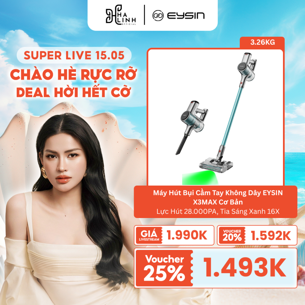 [VÕ HÀ LINH x EYSIN] Máy Hút Bụi Cầm Tay Không Dây EYSIN X3MAX Cơ Bản, Lực Hút 28.000PA, Tia Sáng Xa
