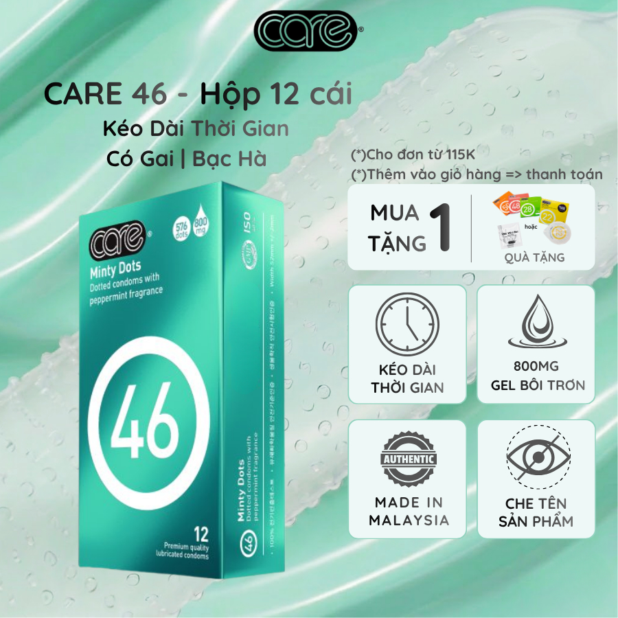 Bao Cao Su Kéo Dài Quan Hệ CARE 46 Bcs Có Gai Hương Bạc Hà, Siêu Mỏng, Nhiều Gel Bôi Trơn Hộp 12cái