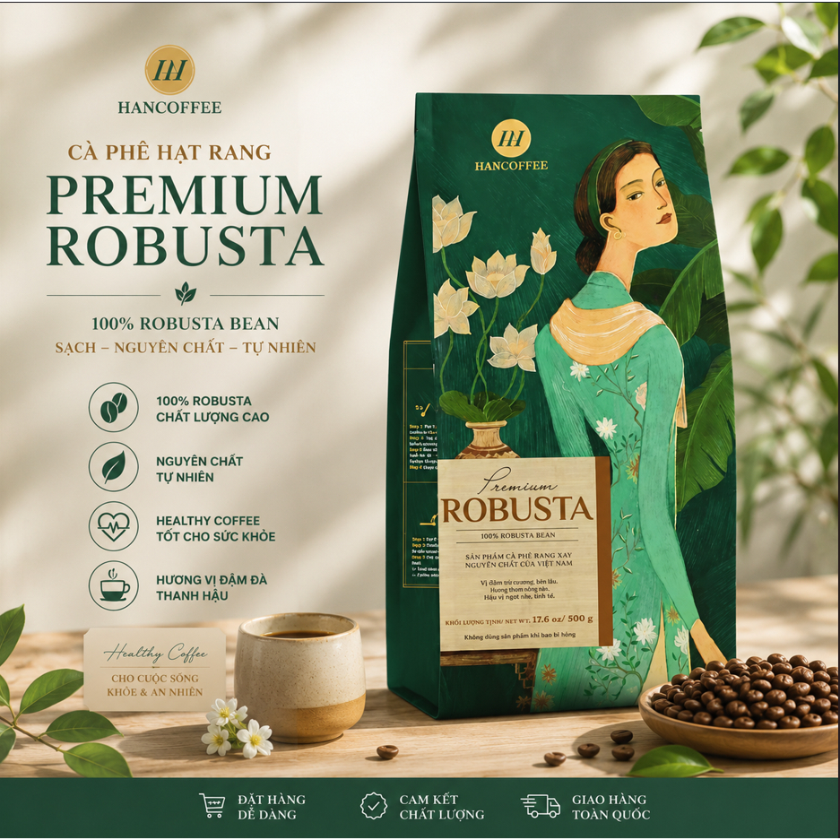 Cà Phê Hạt Nguyên Chất Premium 100% Robusta - Đậm Vị Caramel Bao Bì Sang Trọng HANCOFFEE