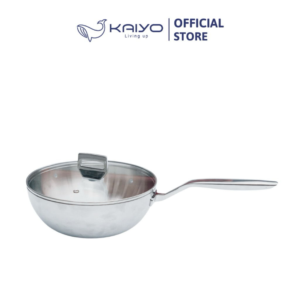 Chảo inox 316 liền khối 5-ply Premium Kaiyo -sâu lòng có vung kính 24cm [mã KIW-3819]