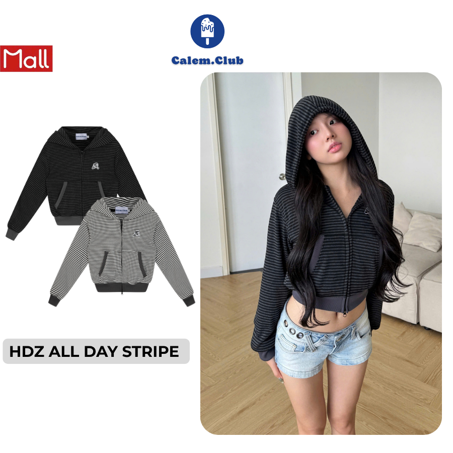 Calem.Club-Form Fit-Áo khoác Hoodie Zip ALL DAY STRIPE Calem Club, vải thun sọc dệt kim thêu kem,áo 