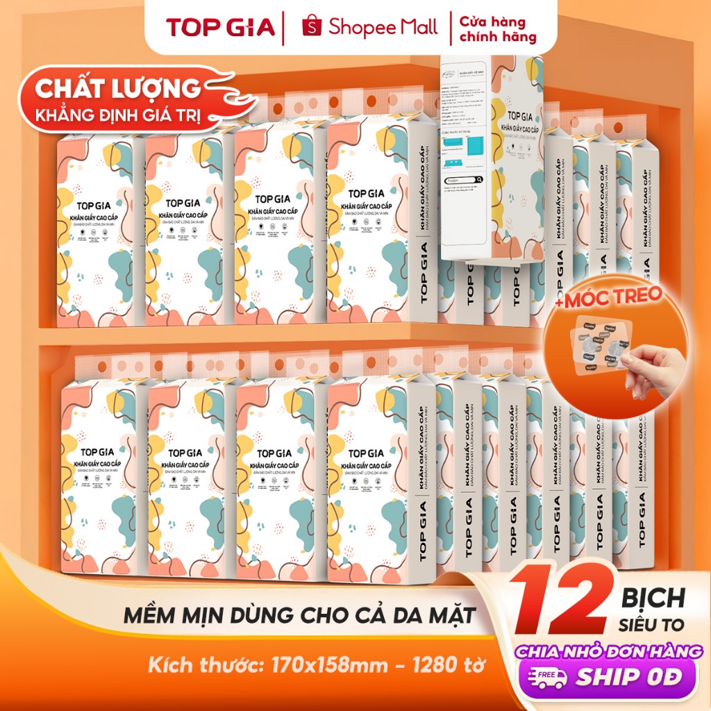 [SIÊU TO, CAO CẤP] Giấy vệ sinh treo tường TopGia thùng 10 12 8 6 bịch đa sắc, combo tiết kiệm 1280 