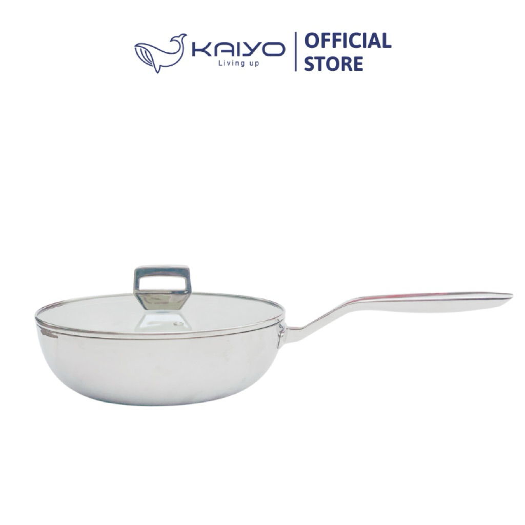 Chảo inox 316 liền khối 5-ply Premium Kaiyo-sâu lòng có vung kính 26cm [KIW-3826]