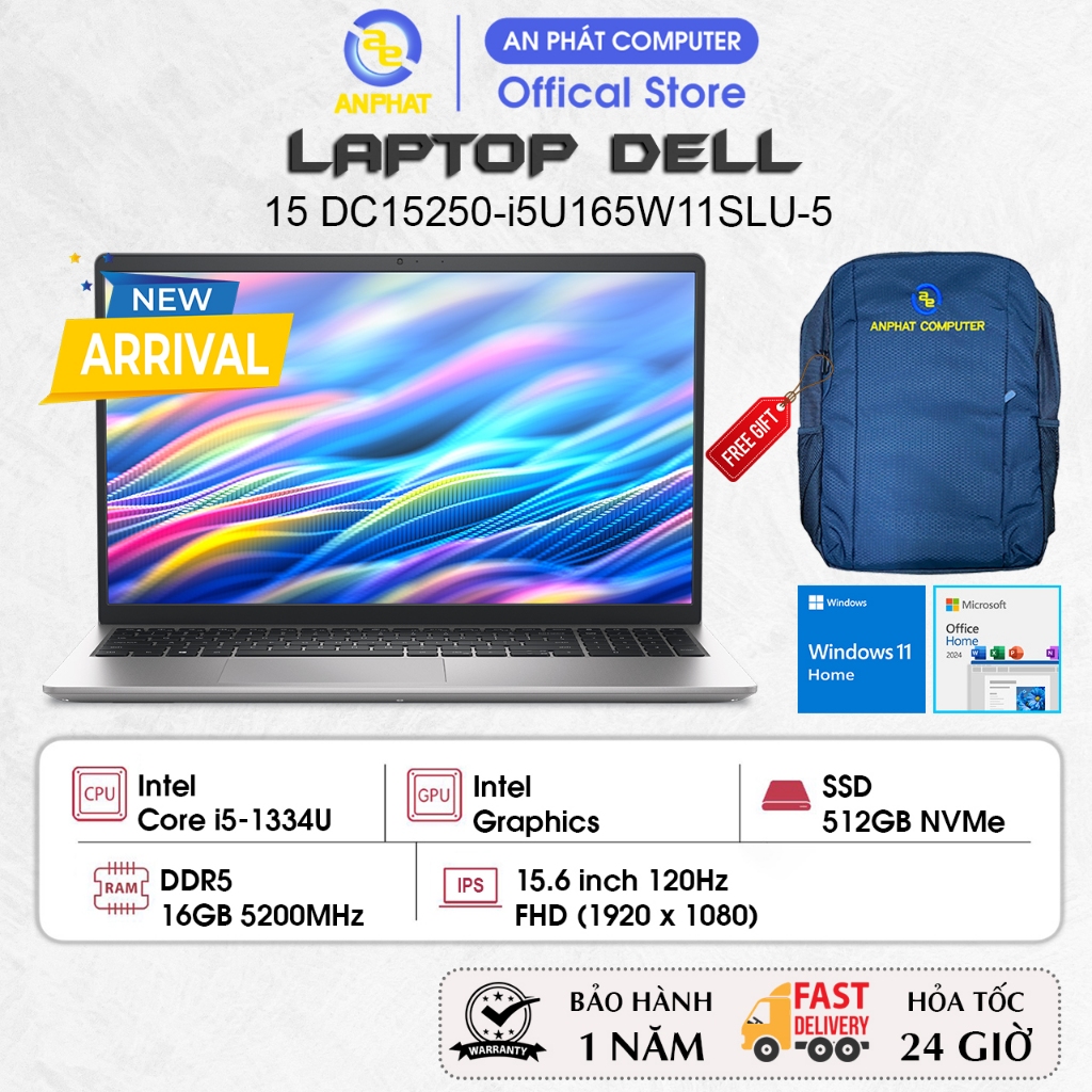 Laptop Dell 15 DC15250-i5U165W11SLU-5, Core i5-1334U, 16GB RAM, 512GB SSD, 15.6 inch FHD 120Hz, Win1