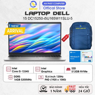 Laptop Dell 15 DC15250-i5U165W11SLU-5, Core i5-1334U, 16GB RAM, 512GB SSD, 15.6 inch FHD 120Hz, Win11, Office2024