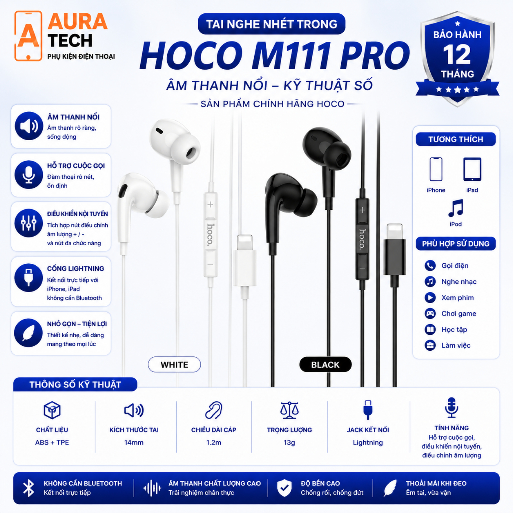 Hoco Tai Nghe Nhét Trong m111 pro Âm Thanh Nổi Kỹ Thuật Số Kèm Điện Thoại Di Động 12 13 14