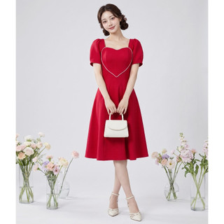 Đầm đỏ dự tiệc sang trọng dáng dài xòe cổ vuông tay phồng thanh lịch thiết kế cao cấp xinh đi tiệc Lux W Đỏ trái tim