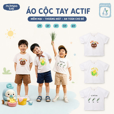Áo cộc tay cho bé Mompa 2-6 tuổi vải Cotton Actif co giãn thấm hút nhanh khô DQ MP 0477