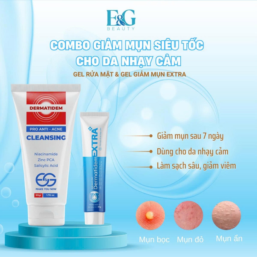 Combo Sữa rửa mặt Dermatidem và Gel Chấm mụn, Giảm mụn mờ thâm Dermatidem Extra cho da nhạy cảm