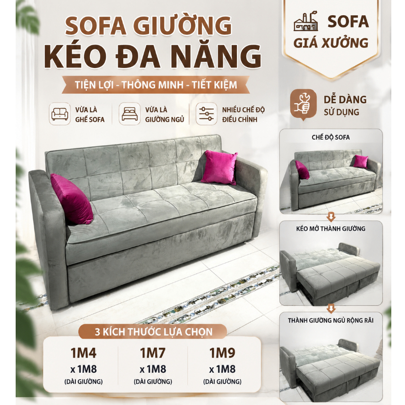 Sofa Giường Kéo Đa Năng Giá Xưởng – Ghế Sofa Kết Hợp Giường Ngủ Có Bánh Xe Tiện Lợi Chuyển Đổi | 1m4