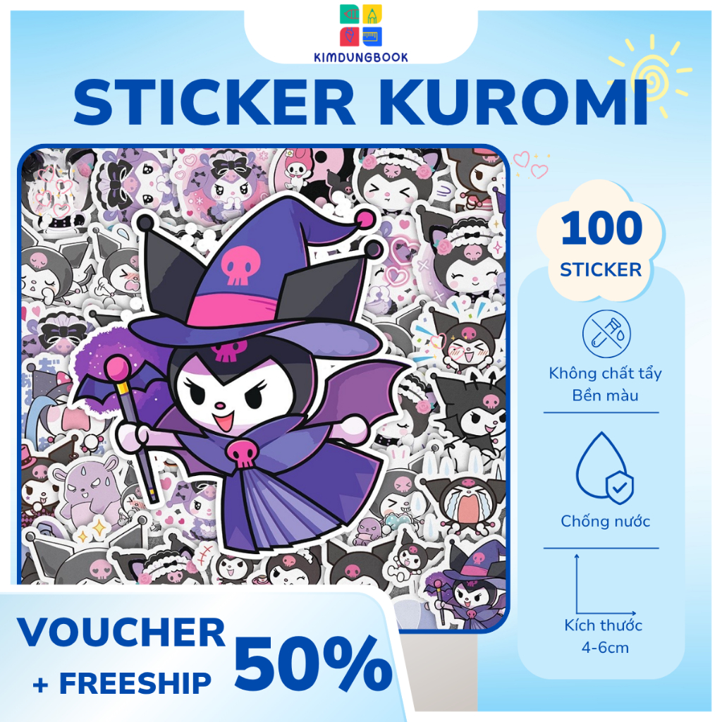 Set 100 cái Sticker Kuromi chống nước, Hình Dán Kuromi giá rẻ, decal Kuromi cute dán mũ bảo hiểm, la