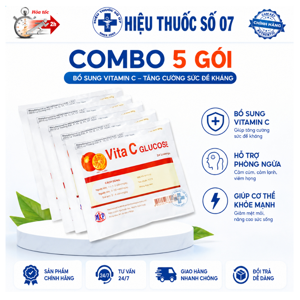 Combo 5 gói viên ngậm vitamin C - Vita C Glucose gói 24 viên ngậm