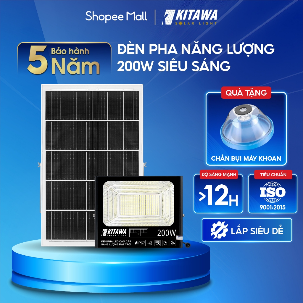 Đèn Pha Năng Lượng Mặt Trời Kitawa 200W DP1200, Bảo Hành 3 Năm, Chống Nước Chống Bụi IP67