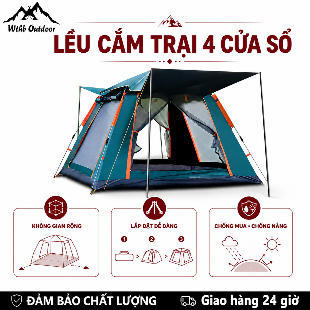WTHB Outdoor Lều cắm trại 4 cửa lớn, siêu thoáng khí, lều ngoài trời gấp gọn di động Phù hợp cho 2-6
