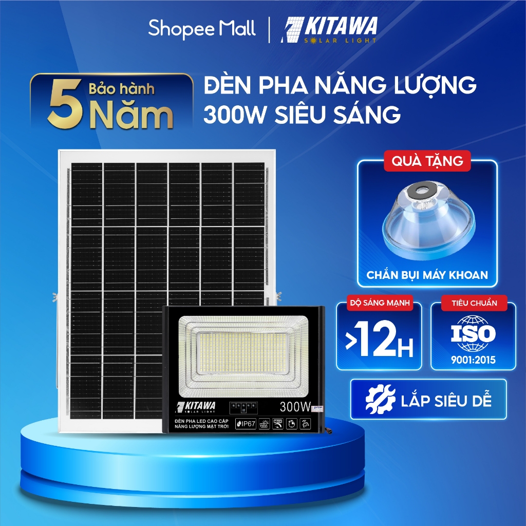 Đèn Pha Năng Lượng Mặt Trời Kitawa 300W; Bảo Hành 3 Năm; Chống Nước Ip67