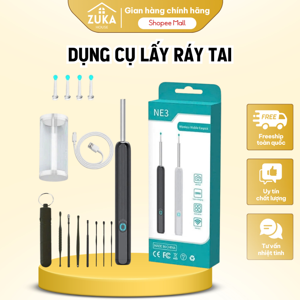 Dụng Cụ Lấy Ráy Tai 7HAH Có Gắn Camera NE3 Pro Nội Soi Full HD Đa Năng Hình Ảnh Sắc Nét, Pin Sạc