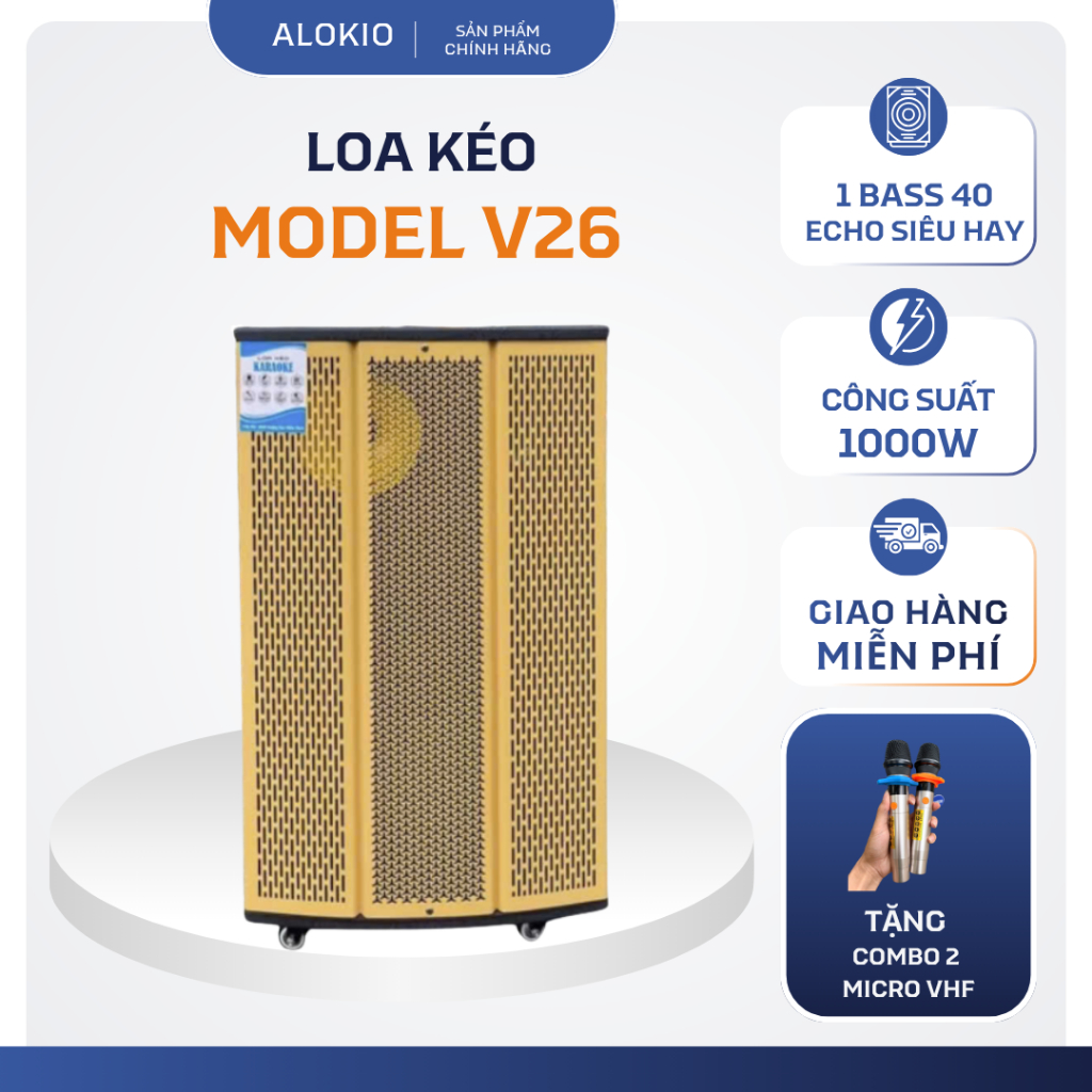 Loa Kéo Bình Bass Đơn - Model V26 - Bass 40 - 1000W - Karaoke Bluetooth - Thùng Gỗ - Micro VHF