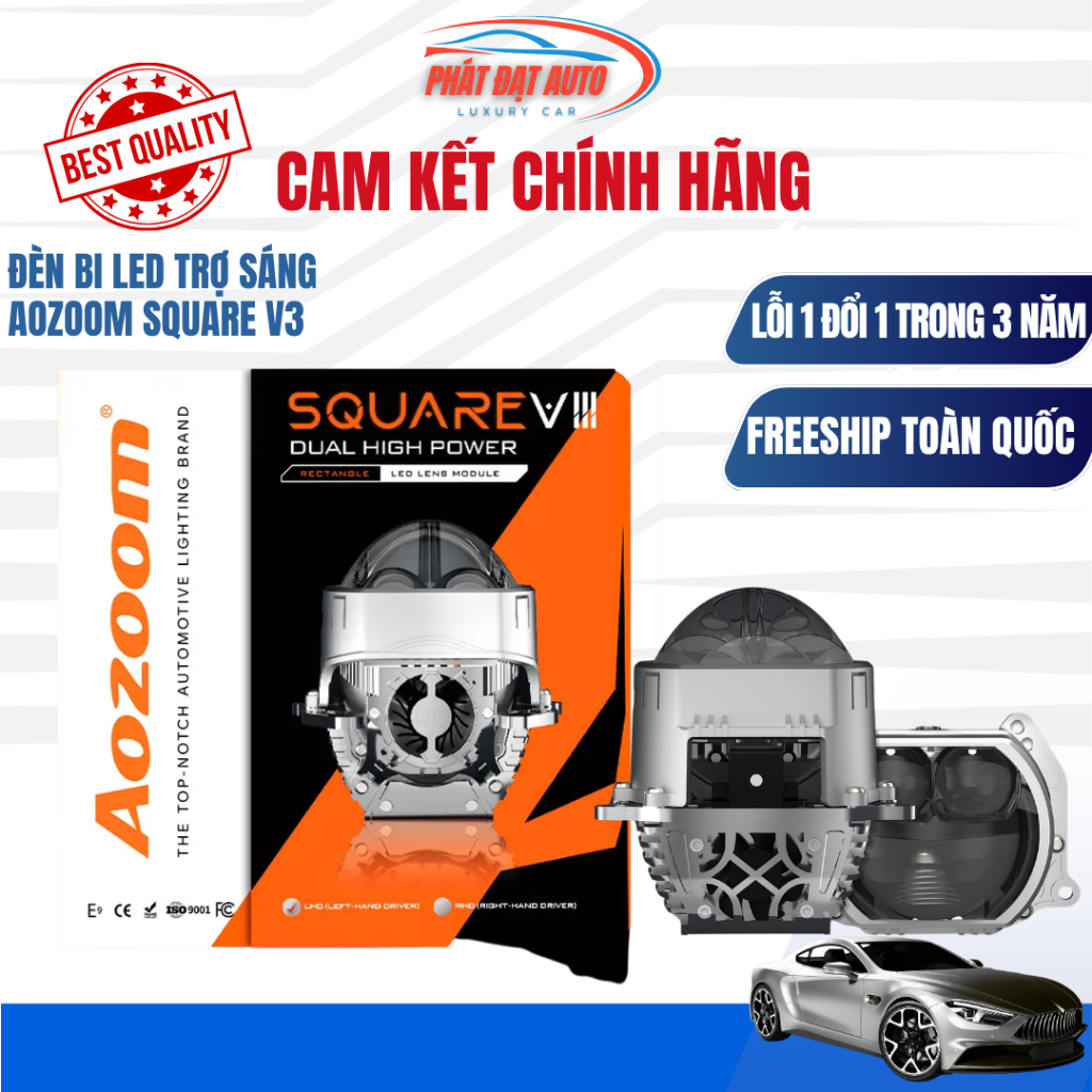 Bi Led Ô Tô Aozoom Square V3, công suất lớn siêu sáng, Chip LED 9+3, bảo hành 3 năm Chính Hãng