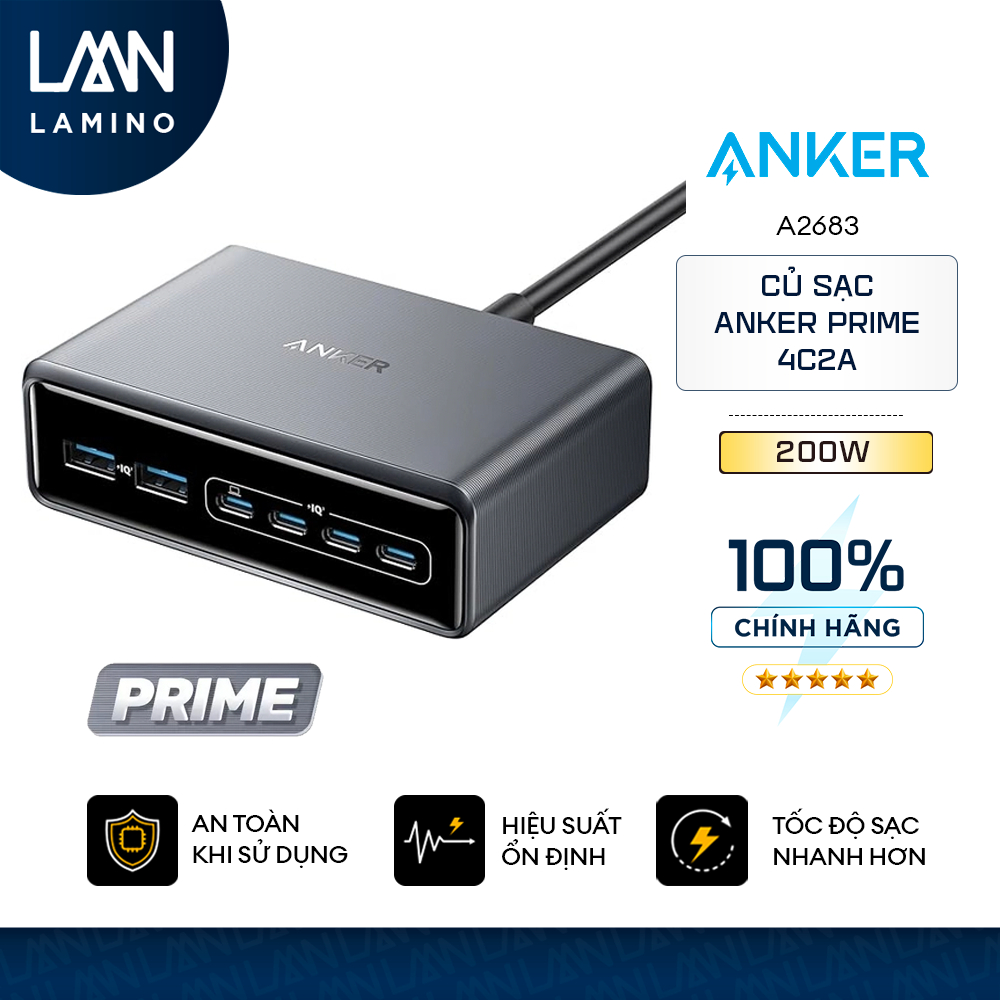 Trạm sạc nhanh Anker Prime 200w GaN 6 cổng hỗ trợ PD sạc nhanh 100W tối đa, sạc tối ưu (kèm dây 2 ch