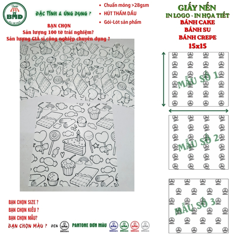Giấy nến(hút dầu)gói-lót Bánh Cake,Su,Crepe in logo,chuẩn>28gsm(15x15cm)-Bloc 100(đen 3h)/4k/8k
