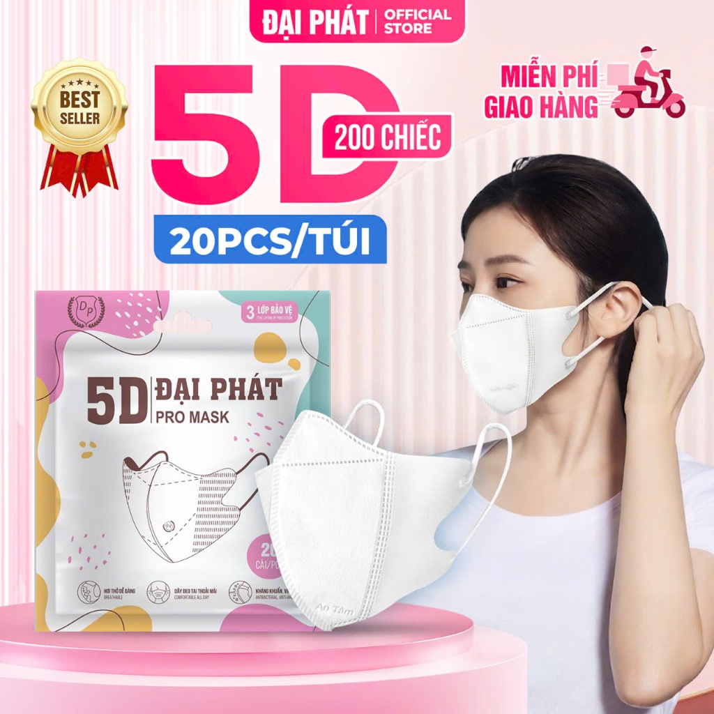 Thùng 200 Cái Khẩu Trang 5D Đại Phát (20 Chiếc/Túi) 3 Lớp Kháng Khuẩn Chống…