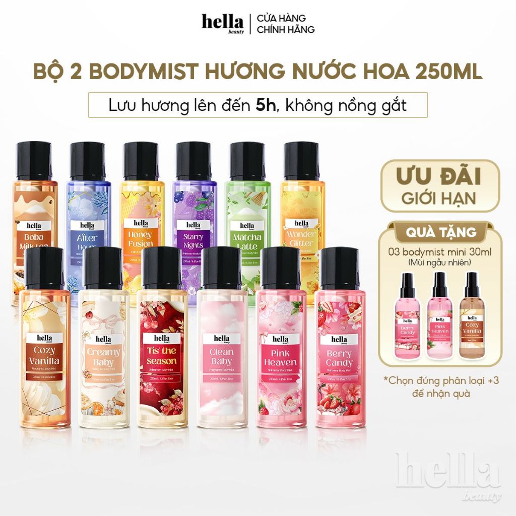 Bộ 2 xịt thơm body mist hương nước hoa Hella Beauty 250ml lưu hương lâu, an toàn cho da nhạy cảm