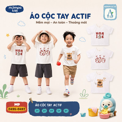 Áo cộc tay cho bé Mompa 2-6 tuổi vải Cotton Actif co giãn thấm hút nhanh khô DQ MP 0495