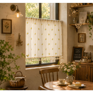 (BOHO CURTAIN) Rèm Vải Hoa Nhí Viền Rua Treo Cửa Sổ Full Size Loại Dán-Luồn Thanh Treo
