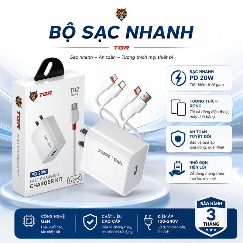 Bộ củ sạc và cap sạc nhanh PD 20W chính hãng TGR cho điện thoại ip và android bảo hành 3 tháng