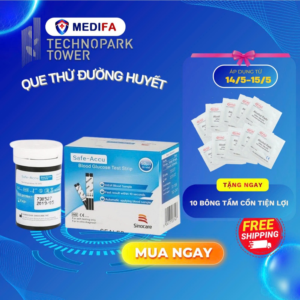 Hộp 50 Que Thử Đường Huyết Safe Accu Dùng Cho Máy Đo Đường Huyết Sinocare Safe Accu, Hàng Chính Hãng