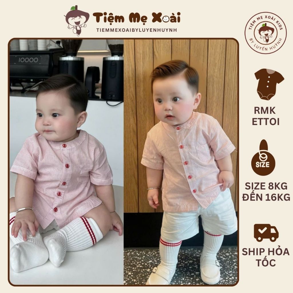 Set RMK ETTOI áo sơ mi cổ trụ  quần short trắng cho bé trai