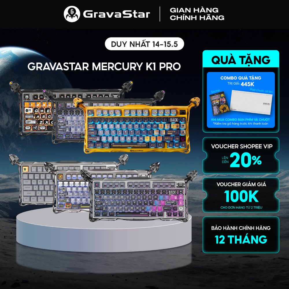 Bàn phím cơ Gaming Gravastar Mercury K1 Pro - Led RGB, Hot-Swap, Khung nhôm, 3 Mode kết nối, BH 12 t