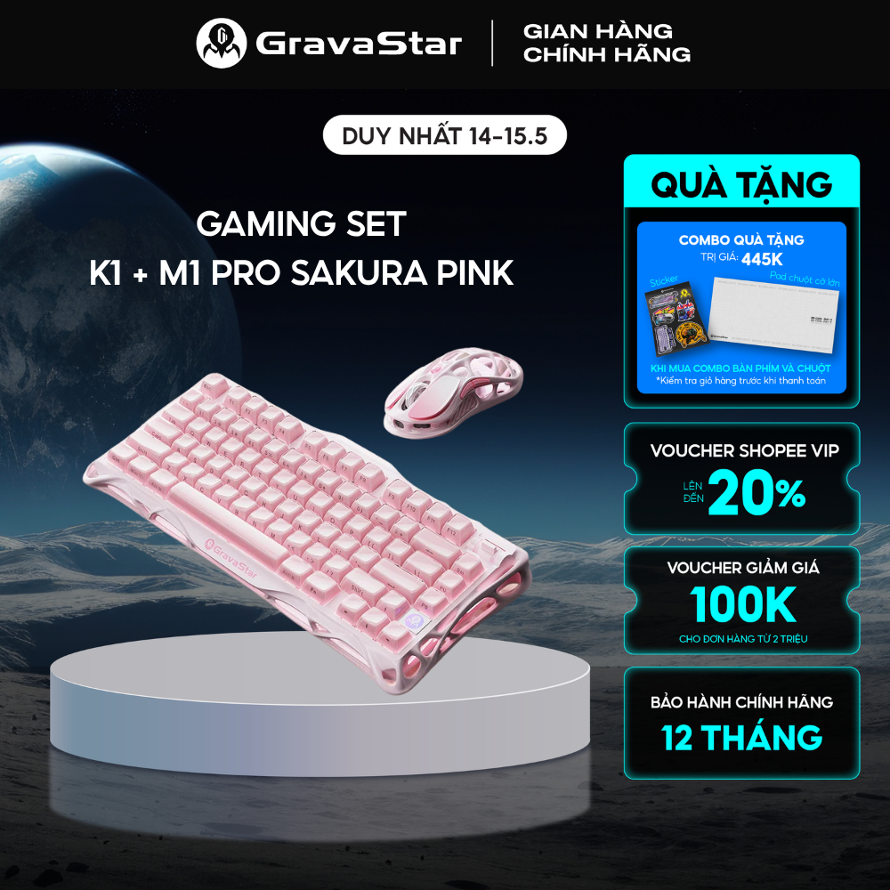Bàn phím cơ Gaming Gravastar Mercury K1 Sakura Pink - Hotswap, Khung nhôm, BH 12 tháng