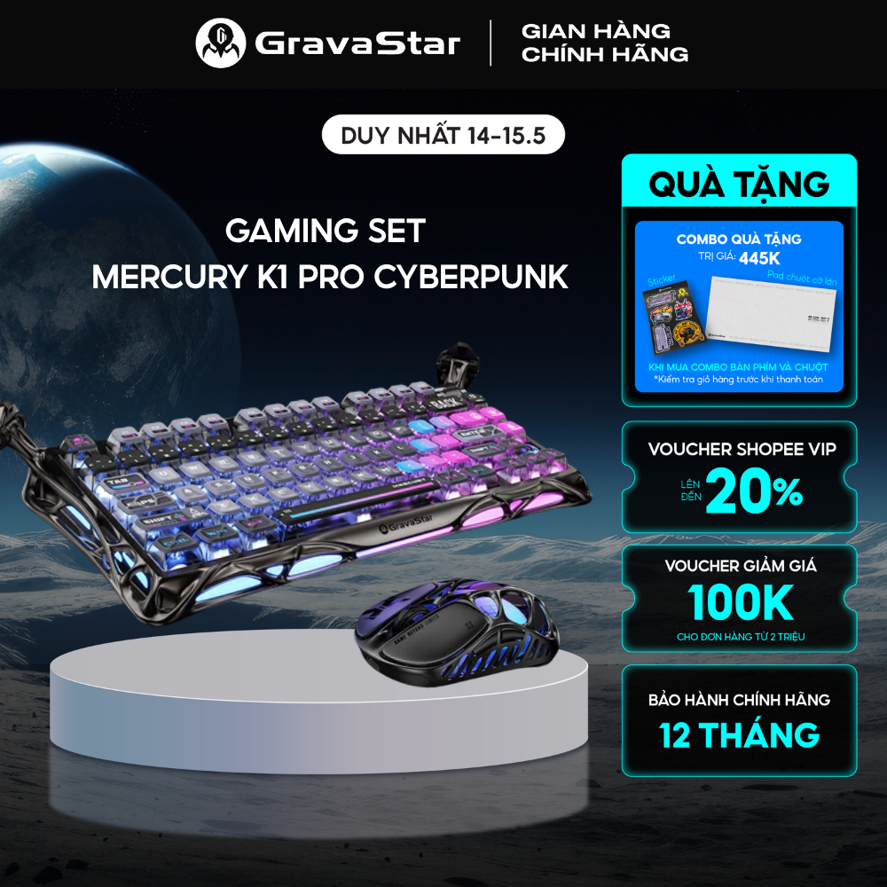 Bàn phím cơ Gaming Gravastar Mercury K1 Pro Cyberpunk Edition - 75% Layout, RGB, Hot-Swap, 3 Mode Kế