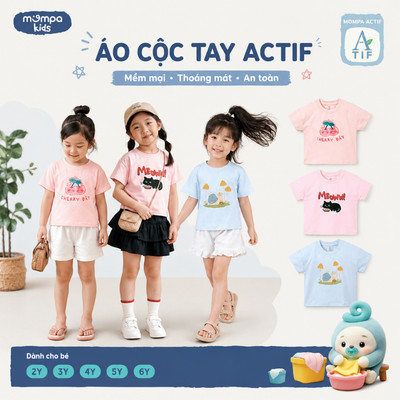 Áo cộc tay cho bé Mompa 2-6 tuổi vải Cotton Actif co giãn thấm hút nhanh khô DQ MP 0480