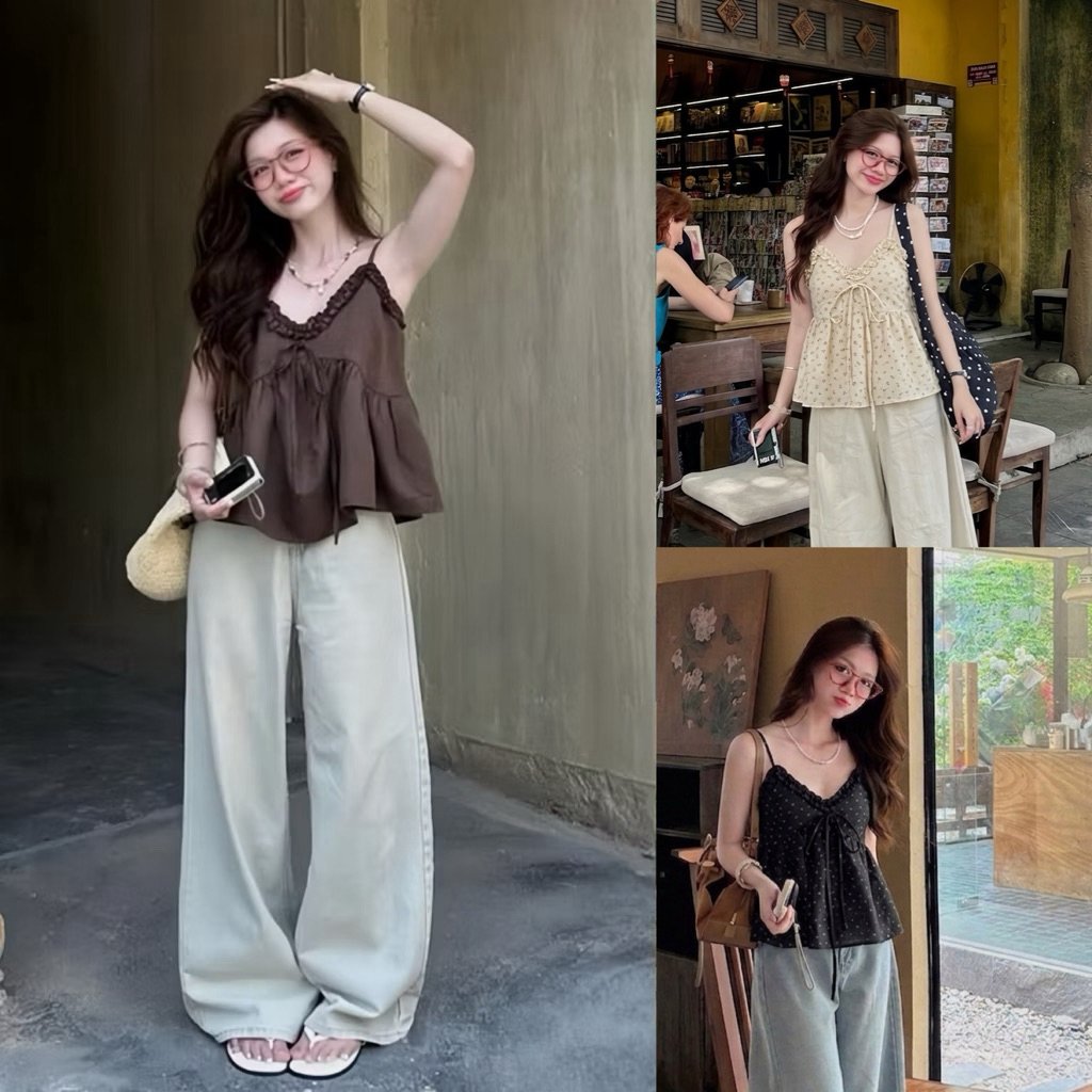 [HÀNG SẴN] Áo hai dây nâu phối bèo đang babydoll style đáng yêu mùa hè  “FOMI TOP” | BigBuy360 - bigbuy360.vn