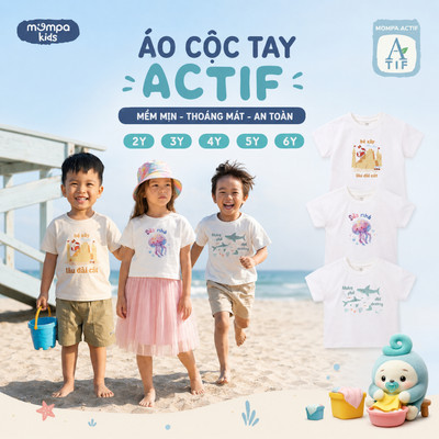 Áo thun bé trai bé gái Mompa 2-6 tuổi vải Cotton Actif co giãn thấm hút nhanh khô DQ MP 0506