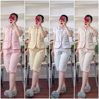 (Châu) Bộ L8 cổ sen phối viền hoạ tiết nơ nhỏ chất đũi bông mềm mịn mát