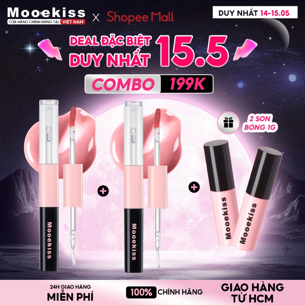 [KOL] Combo 2 Son môi hai đầu Mooekiss, thiết kế hai đầu, đa năng, mờ và bóng W1 dung tích 1.5gx2 | BigBuy360 - bigbuy360.vn