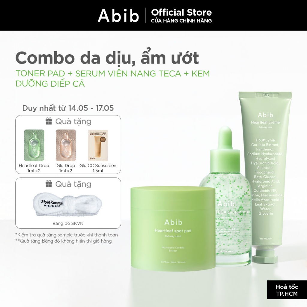 Bộ 3 sản phẩm Abib toner pad, serum viên nang TECA và kem dưỡng diếp cá