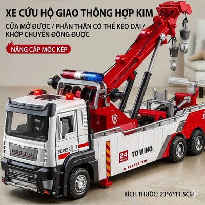 Đồ chơi xe cứu hộ ô tô 2 móc KAVY bằng hợp kim có nhạc và đèn tỷ lệ 1:32 chân đỡ nâng hạ