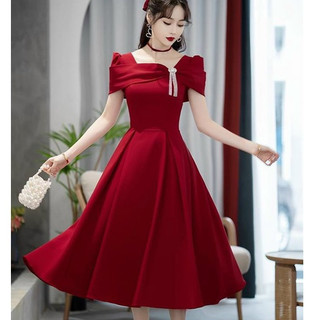 Váy đầm thời trang nữ sang chảnh dự tiệc chất umi cổ vuông tay dơi kèm phụ kiện dính nút có dây dáng xòe màu đỏ
